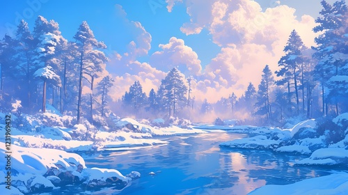 Obraz na płótnie Serene Winter Landscape with Snowy Trees and Glimmering River w salonie