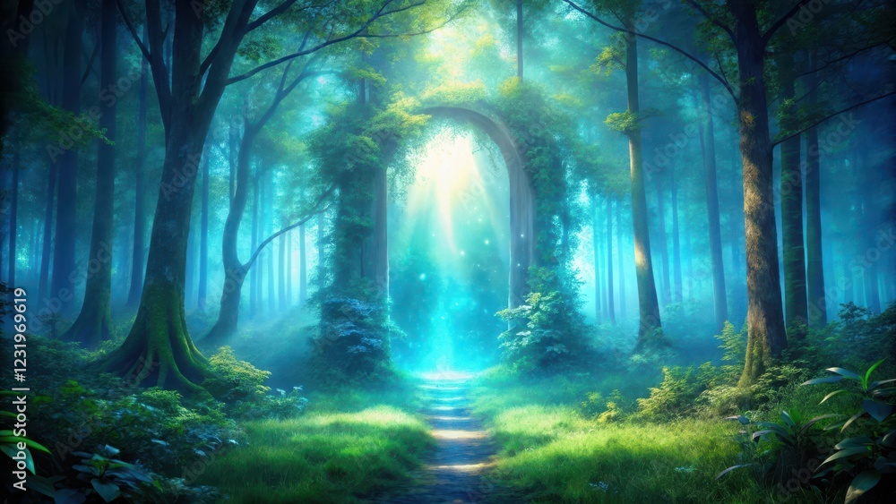 Naklejka premium Ethereal blue glow emanates from a mystical portal in a serene forest setting, surrounded by towering trees and lush greenery, glow