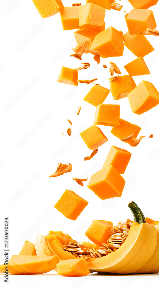 Fototapeta premium Freshly fallen pumpkin cubes isolated on a white background. 