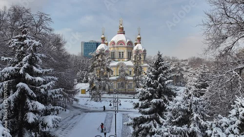 View from a quadcopter of the wooden Orthodox Ascension Cathedral, built in 1907, in the Kazakh city of Almaty on a snowy winter morning