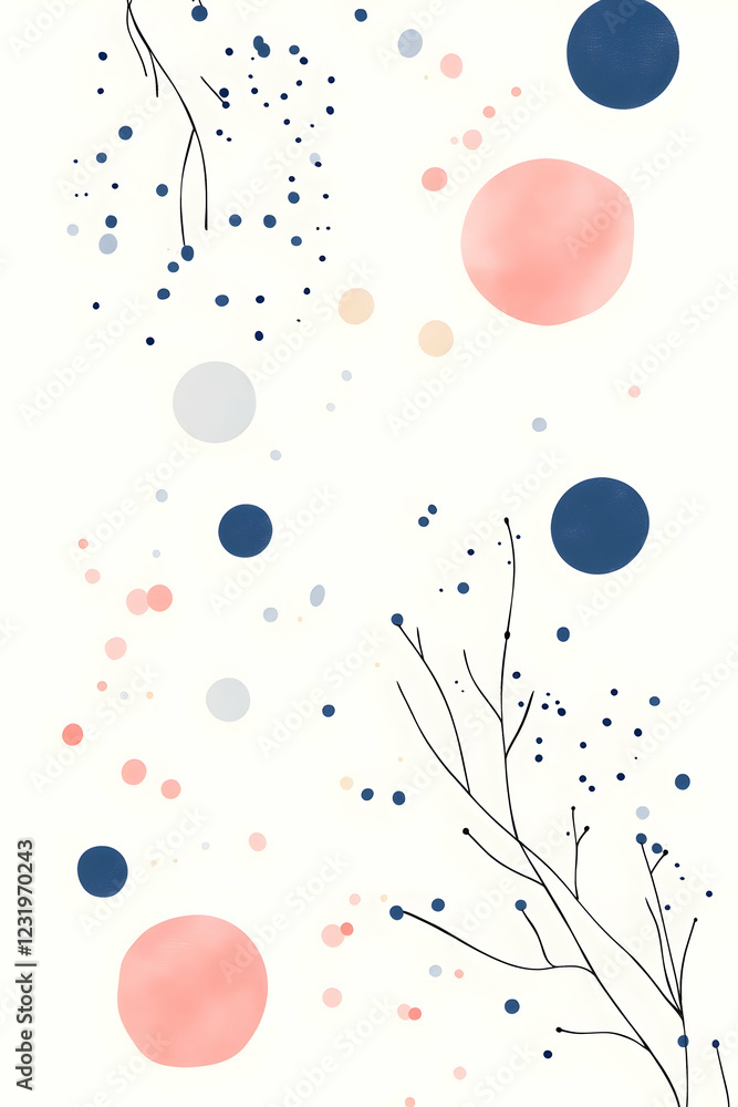 Fototapeta premium Abstract floral design, pastel circles, branches, white background; ideal for phone wallpaper or greeting card