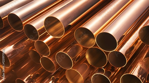 Shiny copper pipes arranged in a round structure, ideal for industrial themes