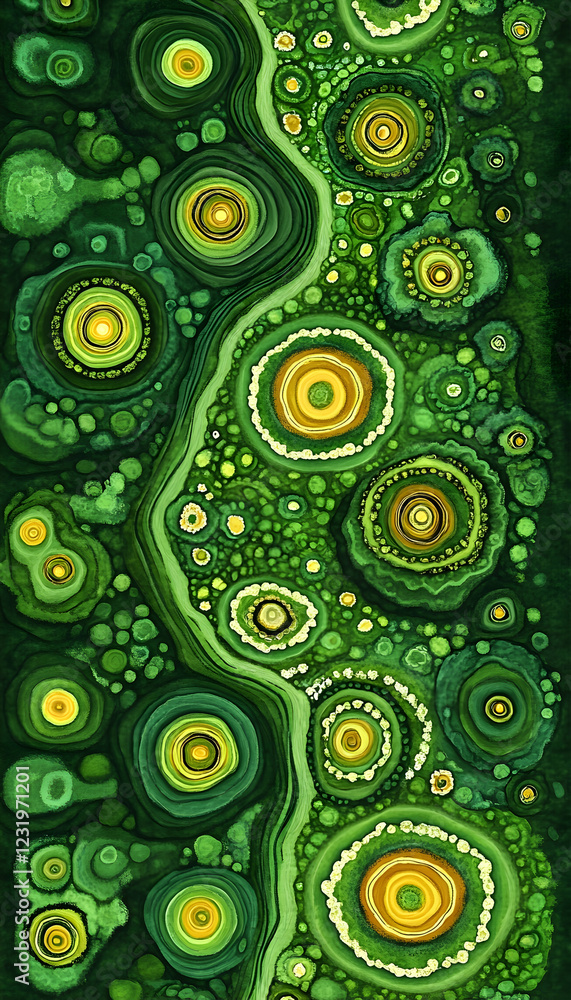 Fototapeta premium Abstract green and gold concentric circles pattern, nature-inspired design, background texture for textile or wallpaper