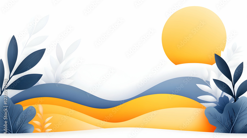 Fototapeta premium Abstract landscape illustration sun, hills, leaves. Perfect for website banners or social media