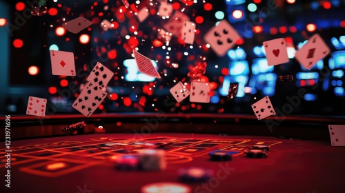 Playing cards fly mid-air over a casino table with colorful lights and chips, capturing the excitement of gambling