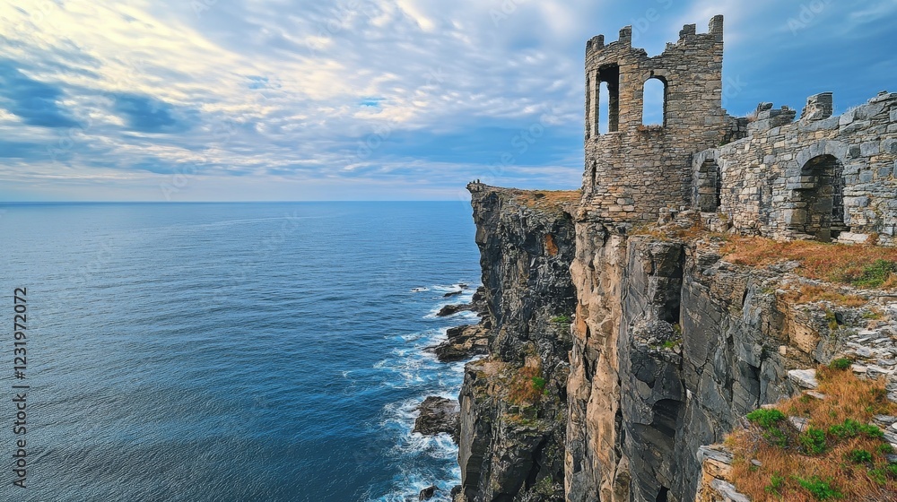 Fototapeta premium Dramatic Cliffside Ruins Overlooking Endless Ocean Horizon