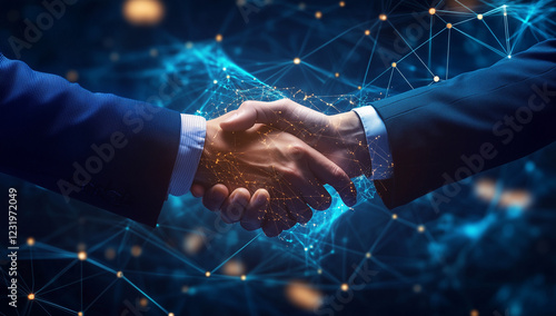 Two businessmen shaking hands against a backdrop of digital technology, symbolizing collaboration and partnership in the modern business world. 