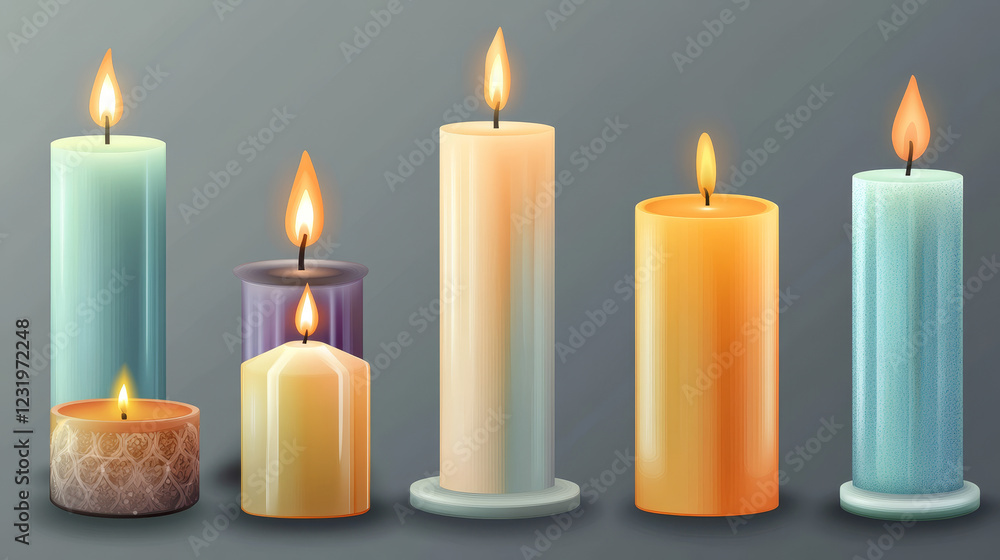 Set of scented wax candles of different sizes and shapes and colors isolated on transparent background. Candles in a candlesticks, burning, and fire flames with wick. Realistic 3d vector illustration