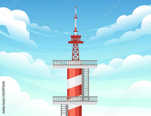 Red and white striped broadcasting pylon with large satellite dishes. Transmission tower for broadcasting signals. Communication antenna mast. High-standing structural tower. Vector illustration