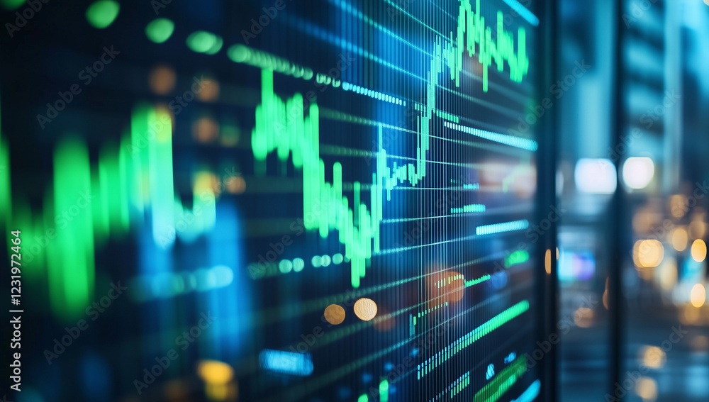 A stock market display showing green and red numbers, with an office background blurred in the foreground. A stock market display showing green and red numbers, with an office background blurred in the foreground.
