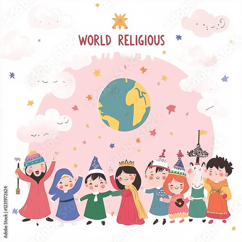 World Religious Day Poster with Multicultural Children Celebrating Harmony and Diversity
