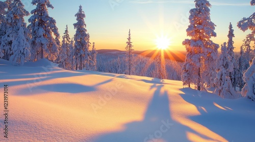 Majestic winter landscape with snow-covered trees and sun rays at sunset in golden hour
