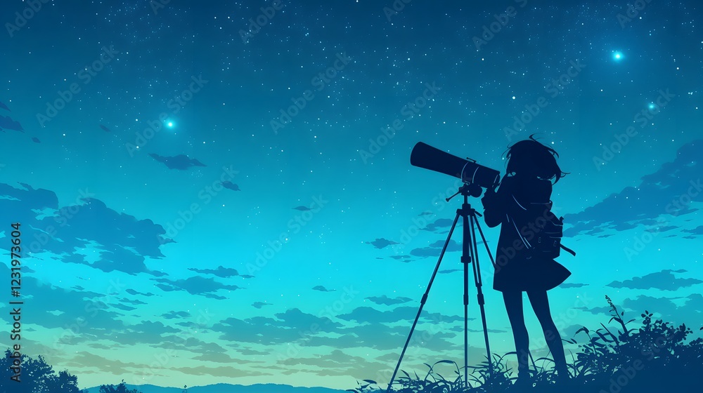 Silhouette of a girl stargazing against a clear night sky
