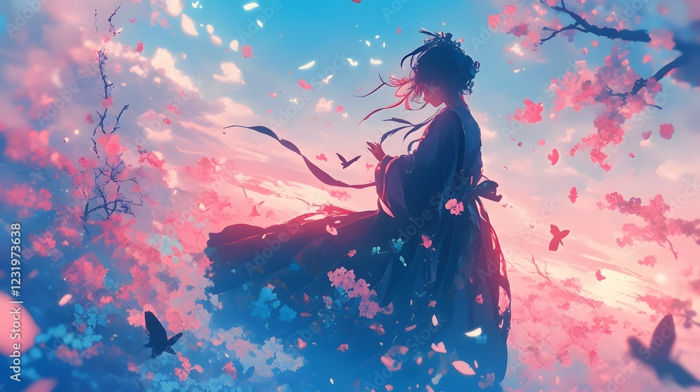 Silhouette of a girl amidst falling cherry blossoms at dusk, evoking calmness.