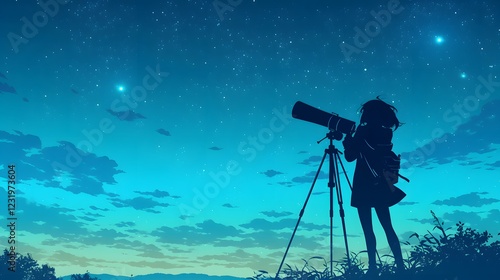 Obraz na płótnie Silhouette of a girl stargazing against a clear night sky w salonie