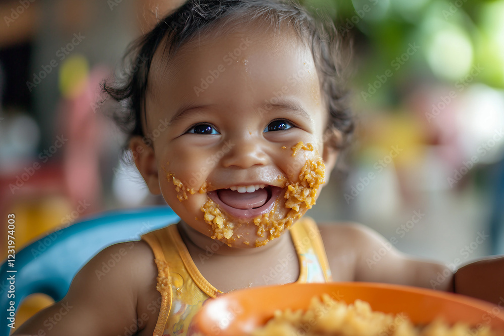 Generative AI image of a cute baby eating food in a highchair with a messy and funny expression Generative AI image of a cute baby eating food in a highchair with a messy and funny expression