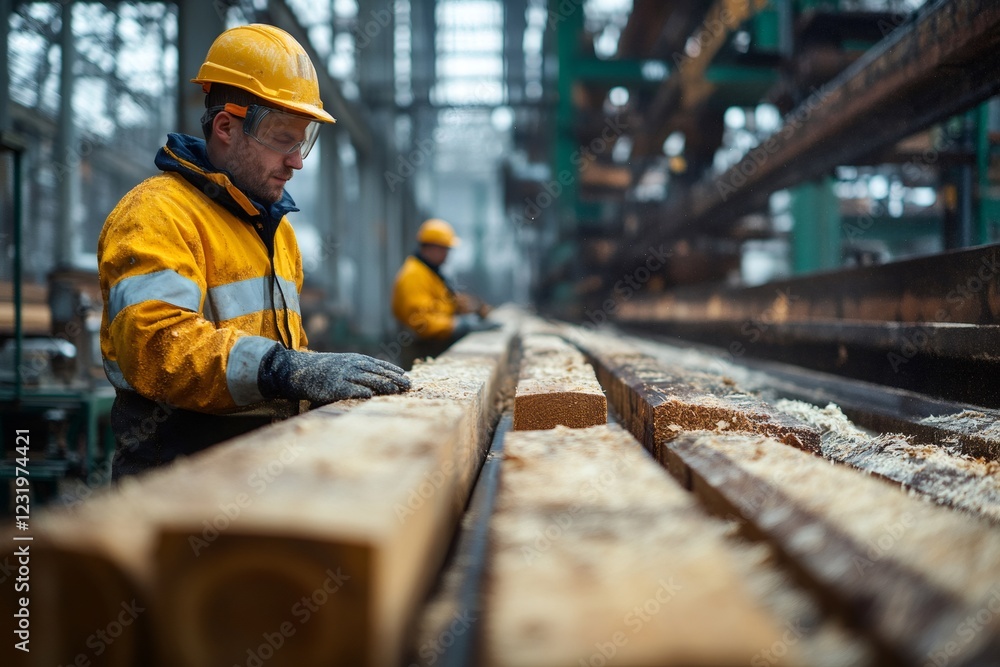 Carpenter inspecting quality of wooden planks in sawmill Carpenter inspecting quality of wooden planks in sawmill