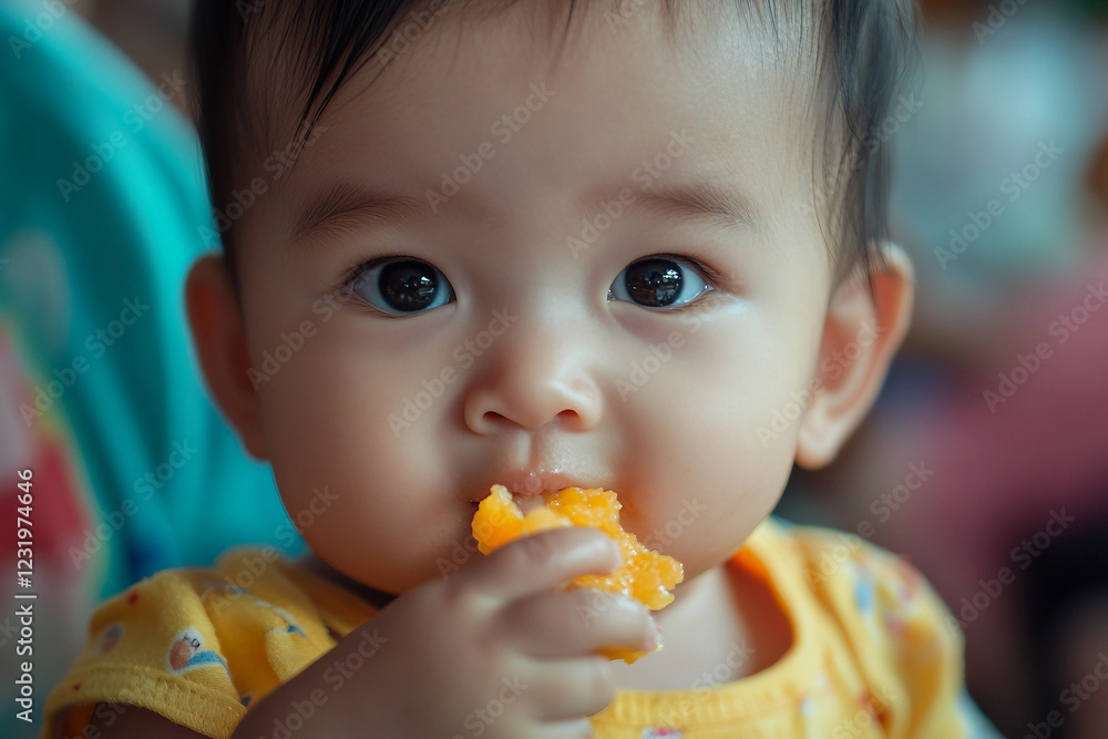 Generative AI image of a cute baby eating food in a highchair with a messy and funny expression Generative AI image of a cute baby eating food in a highchair with a messy and funny expression