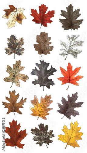 Autumn leaves collection; various colors and types; white background; design element