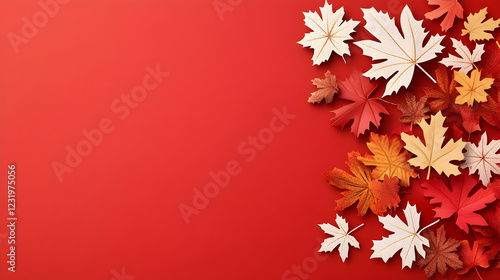Autumn leaves on red background; fall design; seasonal template; greeting card