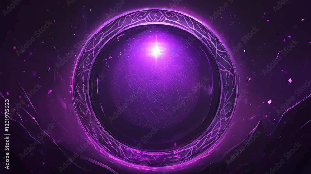 Obraz premium Deco frame for ui game. Medieval fantasy button for luxury interface. Magic islamic neon rectangle box with ancient ornament. Led sign bar with gradient texture. Premium purple banner for rpg