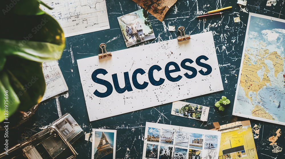 Obraz premium Success Journey Plans, Photos, Maps, and Aspirations Achieved