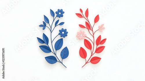 Blue and red paper flowers and leaves on white background; spring, nature, craft, decoration, design