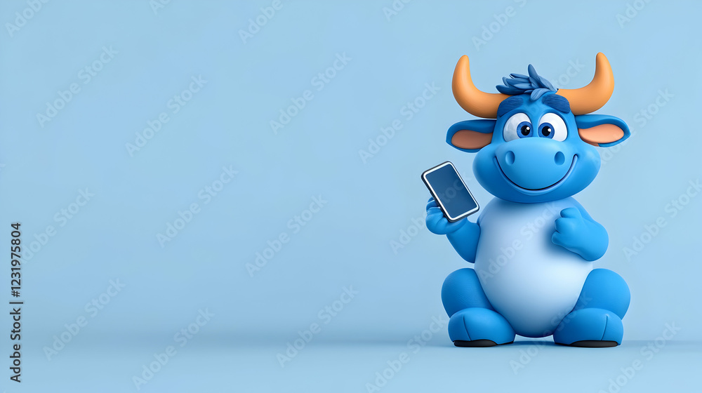 Fototapeta premium Blue cartoon bull holding phone, light blue background, digital illustration, website banner