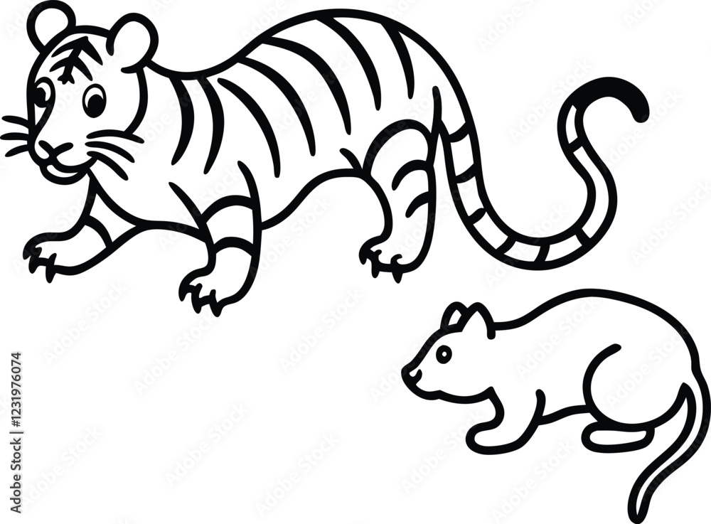 Obraz premium A Tiger and Mouse coloring page useful as coloring book for kids illustration