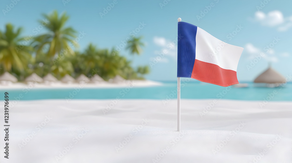 Naklejka premium Chilean flag on tropical beach; idyllic vacation; palm trees, bungalows