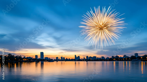 Cityscape fireworks display over calm lake at sunset;  urban celebration, ideal for travel, tourism promotion