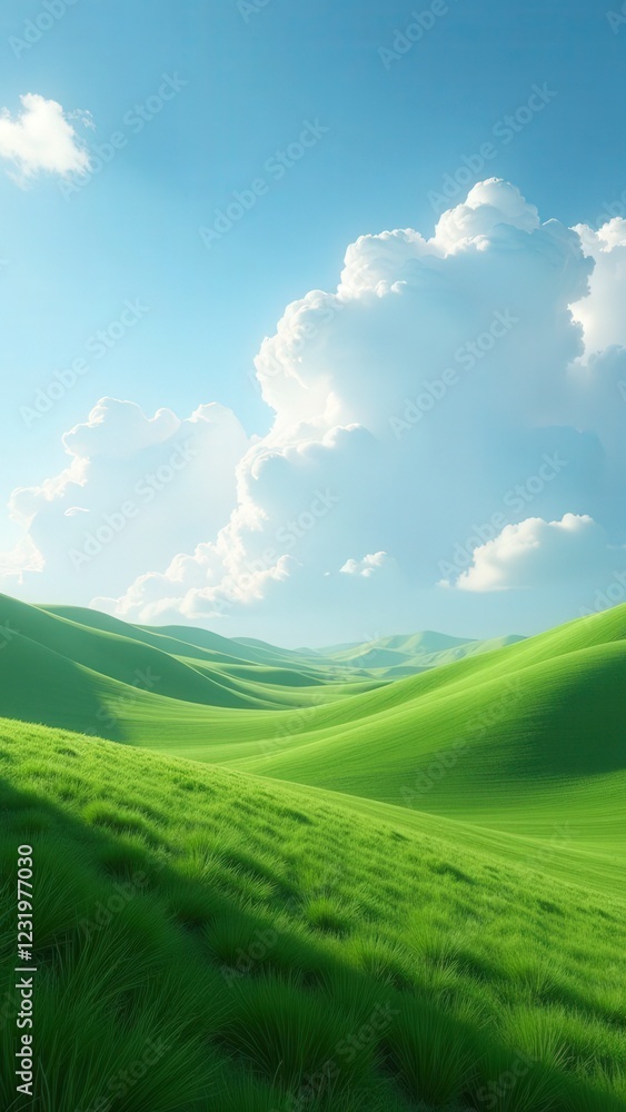 Fototapeta premium Green grassy hills rolling under a cloudy blue sky