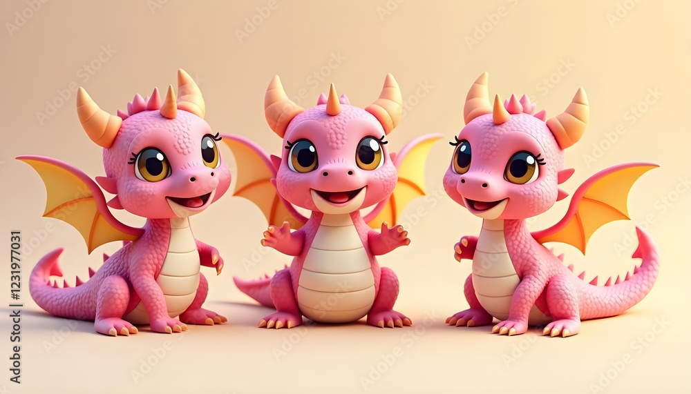 Figuras de dragón rosa sonrientes y súper lindas Figuras de dragón rosa sonrientes y súper lindas