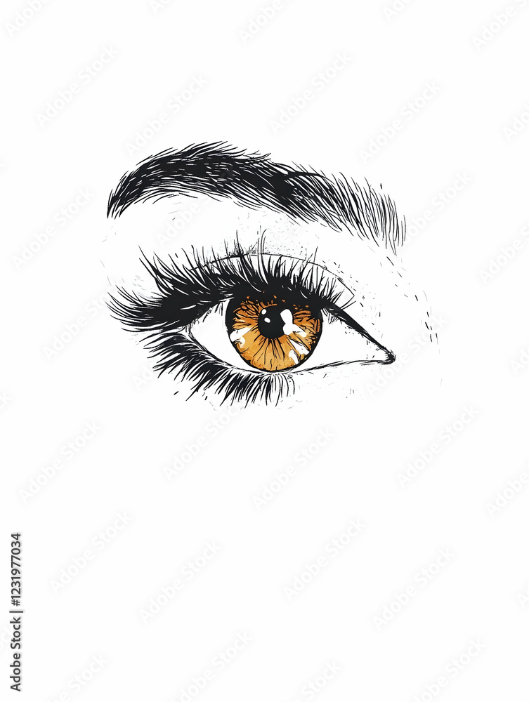 Fototapeta premium Close-up of a woman's hazel eye, detailed sketch, white background, for beauty or fashion