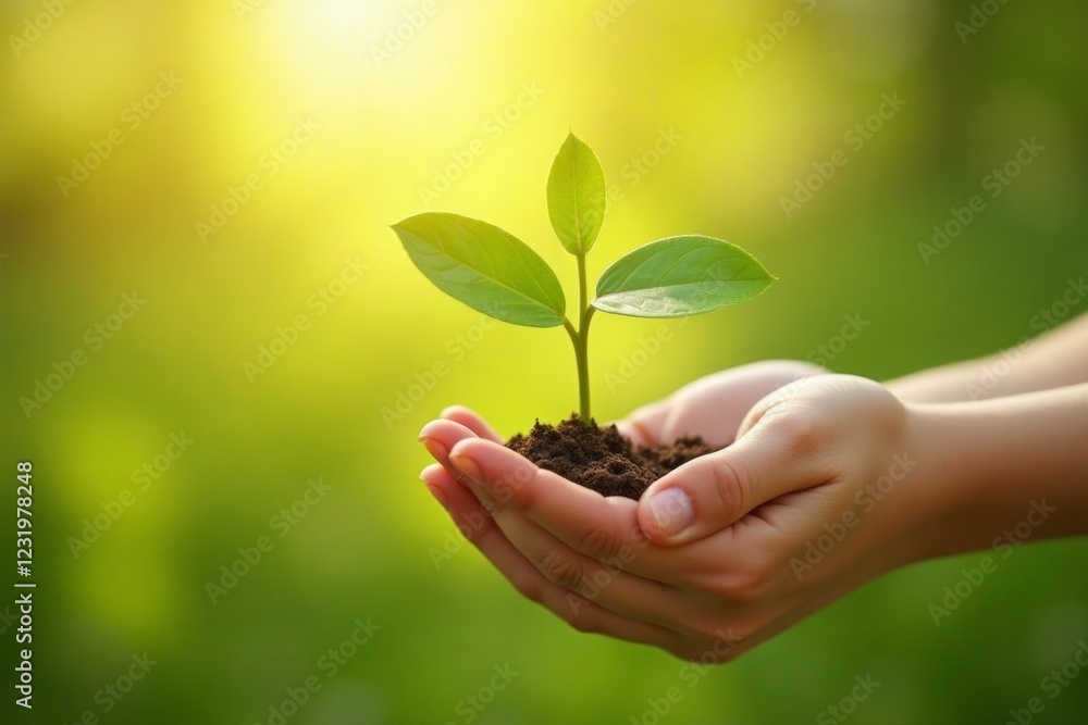 Children’s Hands Gently Holding Young Plant in Sunlight on Lush Green Background, Celebrating Earth Day with Focus on Sustainability and Environmental Education