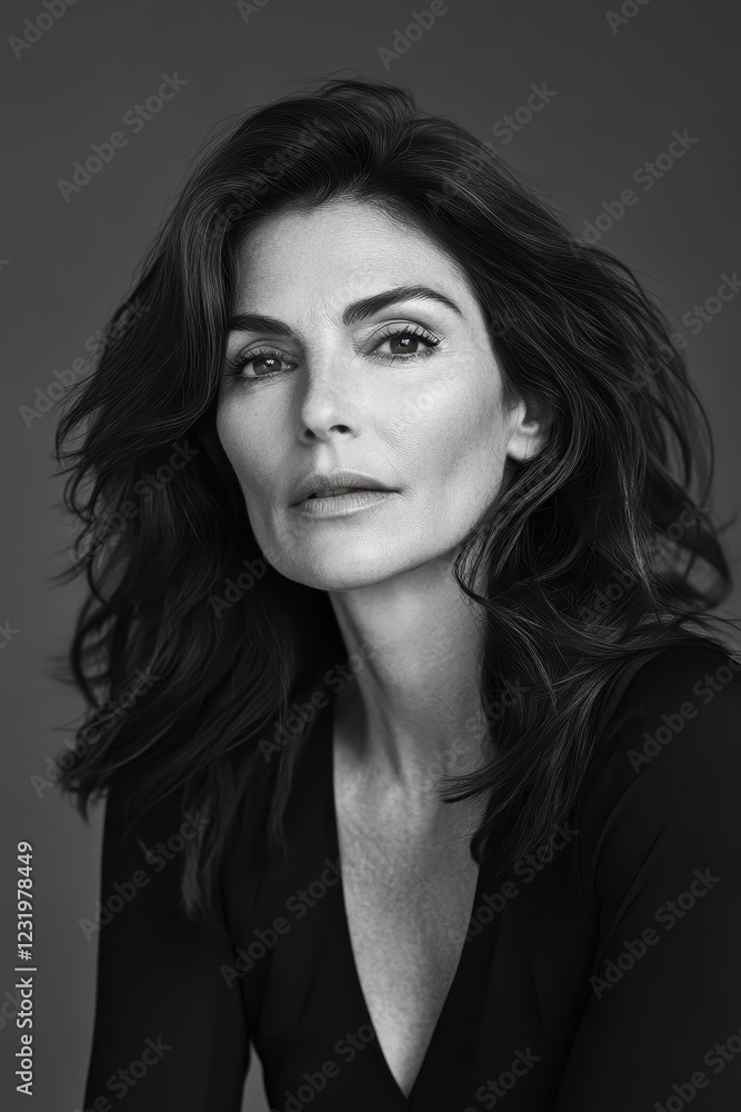 Black and white portrait of an elegant Italian woman with wavy hair Black and white portrait of an elegant Italian woman with wavy hair