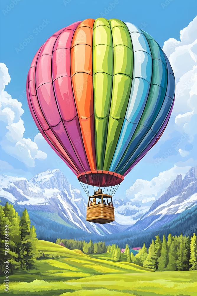 Fototapeta premium Colorful hot air balloon soaring over majestic snow-capped mountains, green valley, travel poster