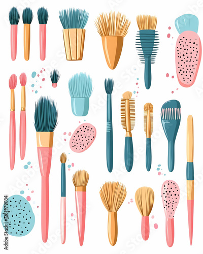 Colorful makeup brushes collection, beauty tools, isolated on white background, for cosmetic website photo