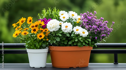 Wallpaper Mural Colorful potted flowers on balcony, green background, summer garden scene, ideal for home decor websites Torontodigital.ca