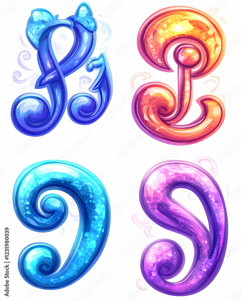 Colorful swirling fantasy letters; game design elements; white background; for game interfaces or app design Colorful swirling fantasy letters; game design elements; white background; for game interfaces or app design