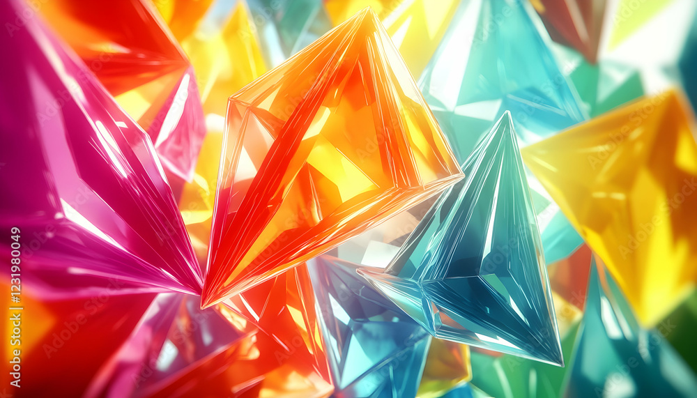 Colorful triangular gems cluster, abstract background, vibrant design, perfect for tech or design projects Colorful triangular gems cluster, abstract background, vibrant design, perfect for tech or design projects
