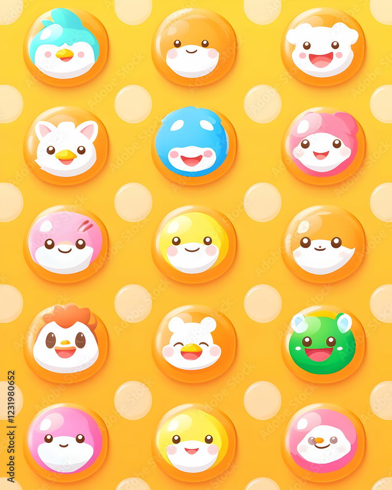 Cute animal faces pattern, cheerful background, app icon design, digital illustration Cute animal faces pattern, cheerful background, app icon design, digital illustration