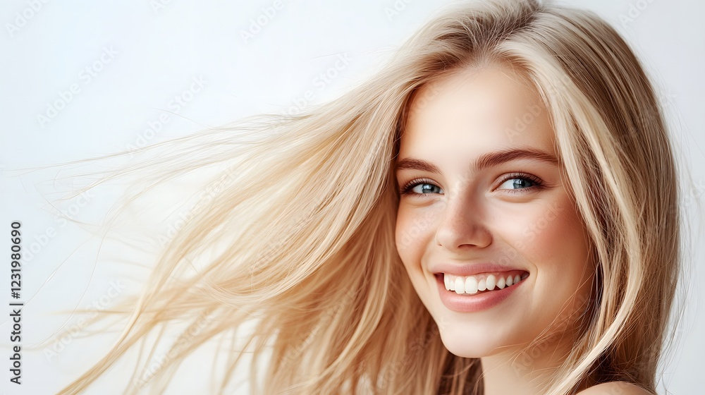 Fototapeta premium Blond woman with long hair and bright smile. Healthy skin and hair.