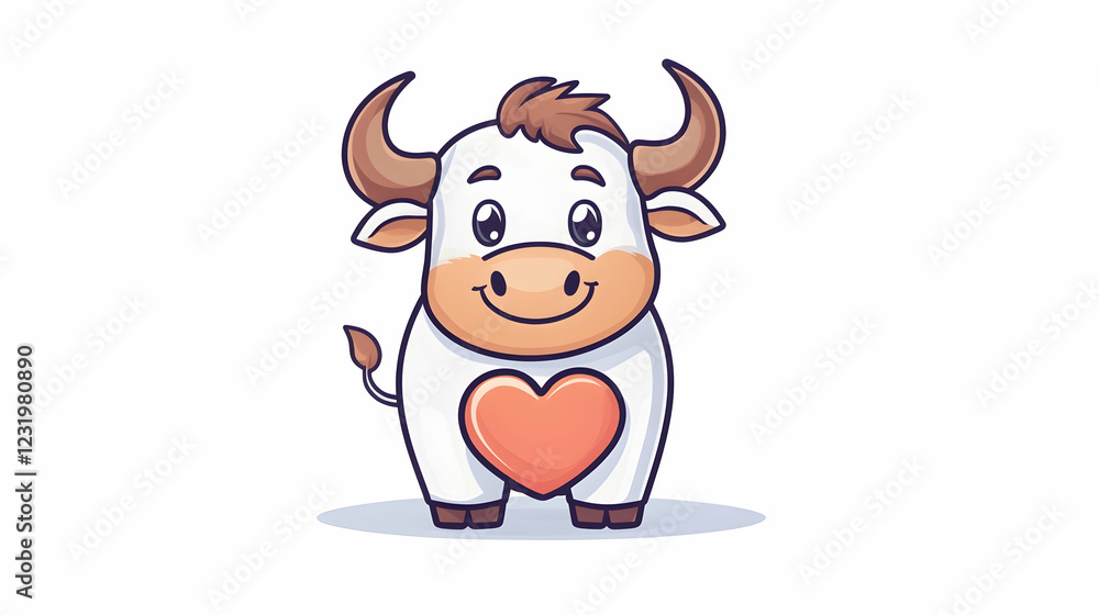 Cute cartoon bull, heart, white background, Valentine's Day greeting card Cute cartoon bull, heart, white background, Valentine's Day greeting card