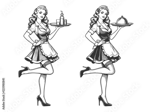 waitresses in aprons, holding trays with drinks and desserts, showcasing retro diner aesthetics sketch engraving generative ai vector illustration. Scratch board imitation. Black and white image.
