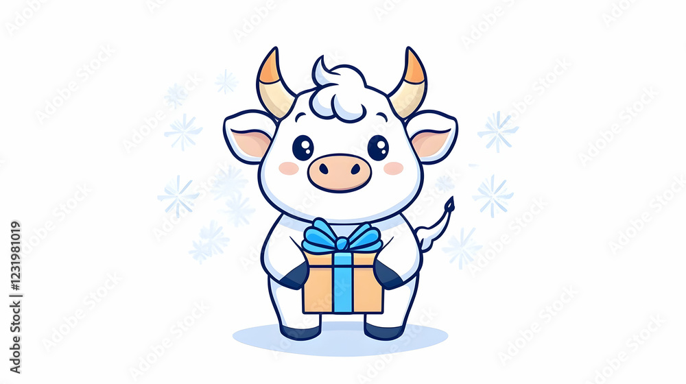Obraz premium Cute cartoon bull holding gift, winter scene, holiday card