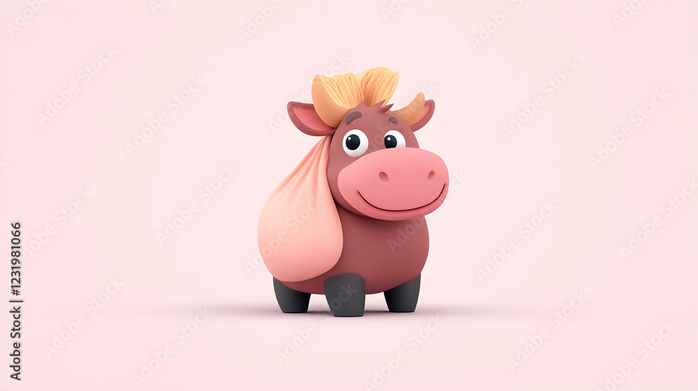 Cute cartoon bull, pink background, 3D render, children's book illustration Cute cartoon bull, pink background, 3D render, children's book illustration