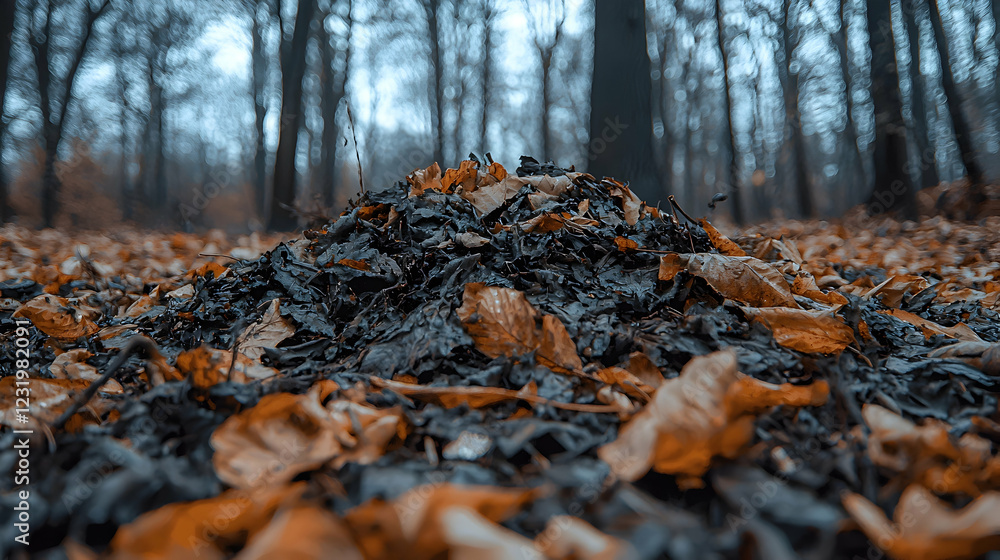 Autumn leaves pile in dark forest; nature background Autumn leaves pile in dark forest; nature background