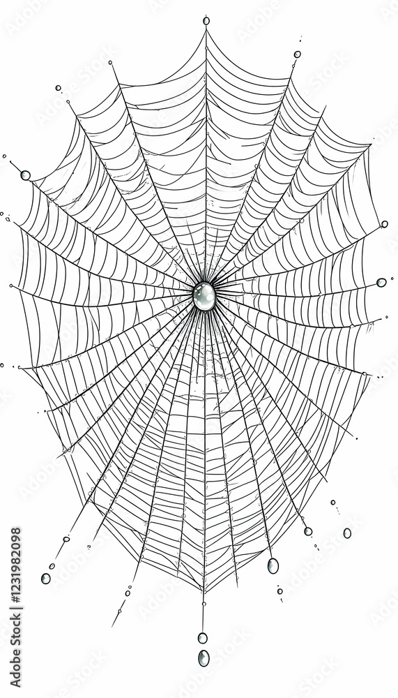 Detailed spiderweb illustration, dew drops, white background, nature imagery, for educational use Detailed spiderweb illustration, dew drops, white background, nature imagery, for educational use