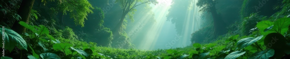 Fototapeta premium Dense emerald canopy, steam rising from jungle floor, shadow, flora